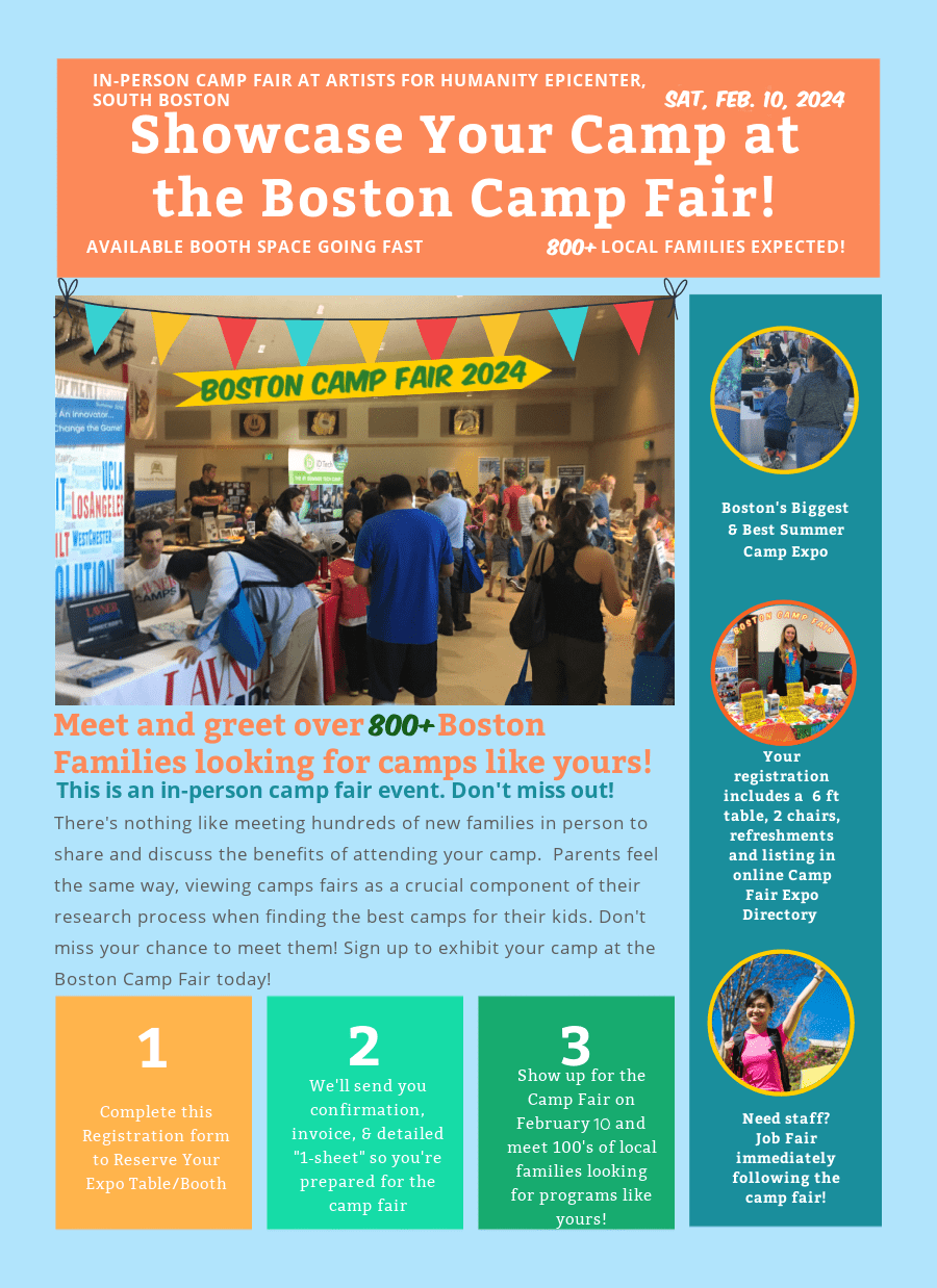 Large colorful flyer promoting the 2024 Boston Summer Camp Fair and Expo